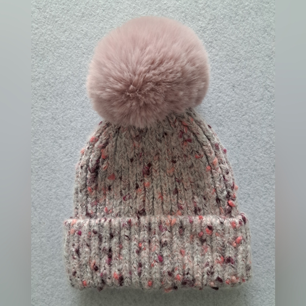 Norla Canada Handknit Speckled Pink Faux Fur Pom Pom and Alpaca Wool Blend Toque